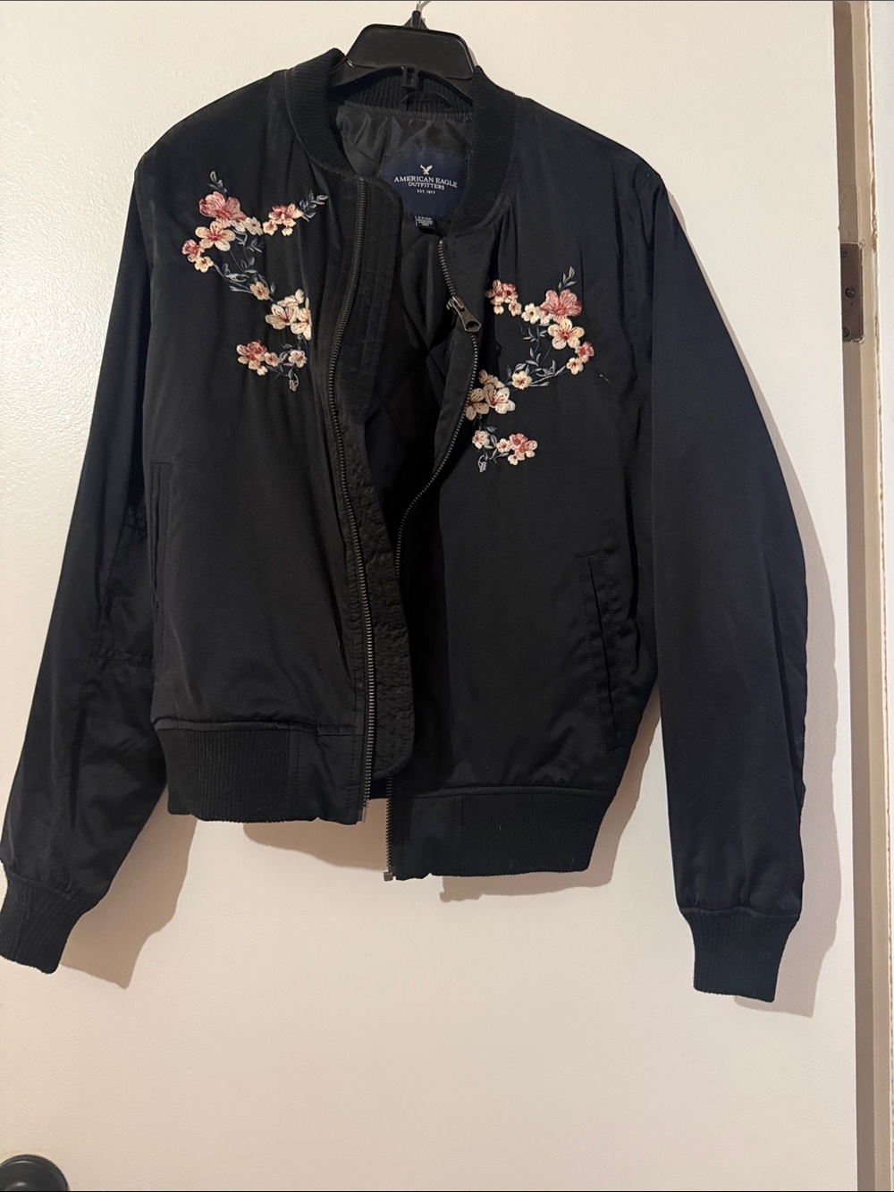 American Eagle Black Floral Embroidered Bomber Jacket